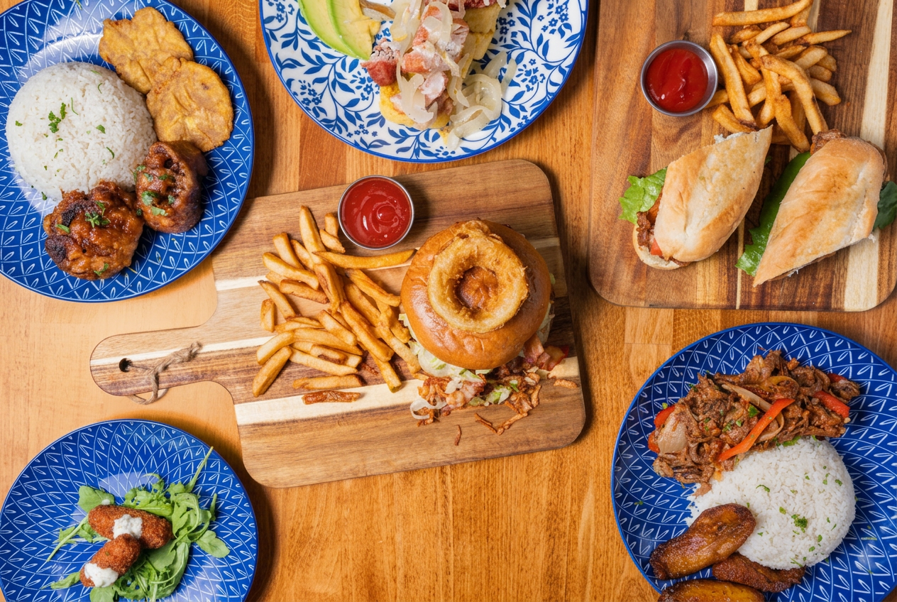 Santo Tamal Latin spread — Cuban sandwich, ropa vieja, tostones, burger and fries